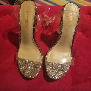 ShoeDazzle Women’s Size 6 Hanna Transparent & Silver Glitter Heeled Sandals